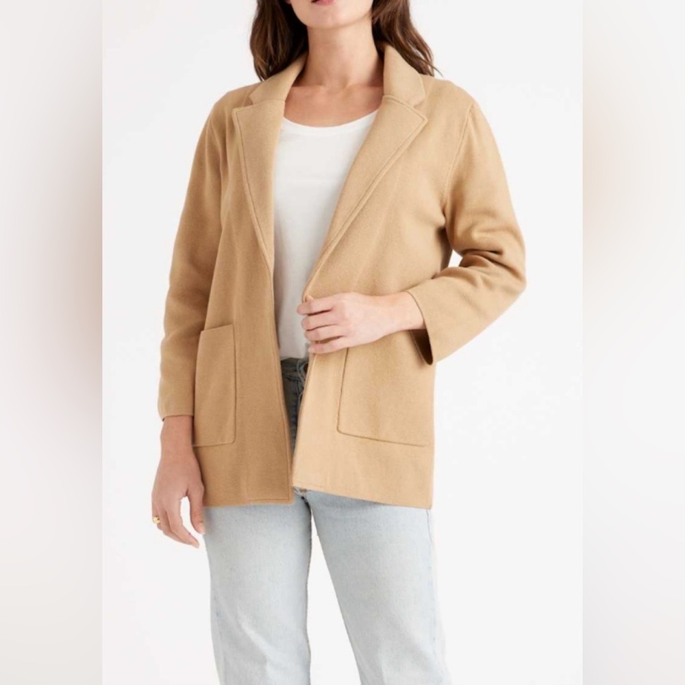 Quince 100% Organic Cotton Knit Camel Blazer Jacket Sustainable Comfort Women L